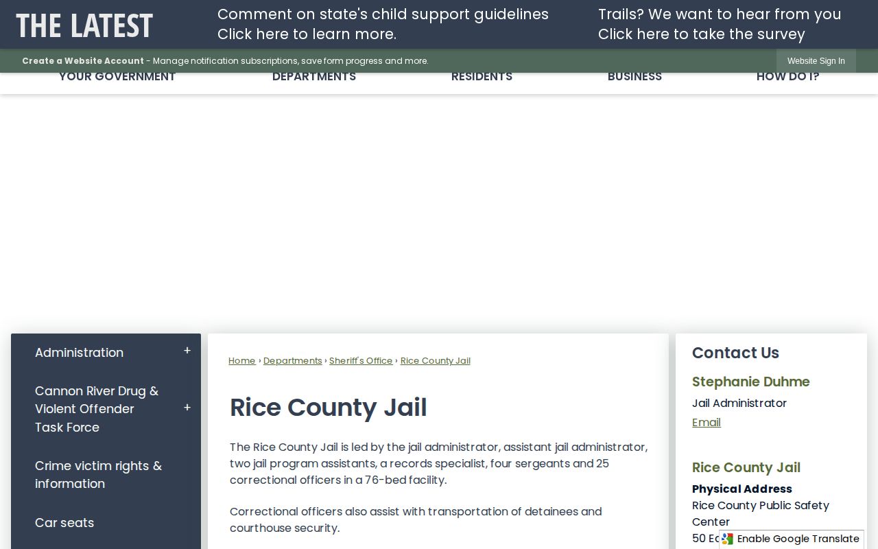 Rice County Jail official custody and booking-record source
